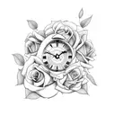 clock saying 8pm with the date oct 11 with roses tattoo design idea