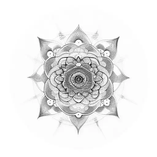 Combine the geometric lines and shapes with the unalome Buddhist symbol, mandala flower, and lotus flower to create a mesmerizing sleeve tattoo. tattoo design idea