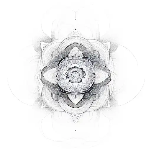 Experiment with a sketch-style tattoo featuring abstract lines and shapes that intertwine with the unalome Buddhist symbol, mandala flower, and lotus flower, giving it a unique and raw look. tattoo design idea