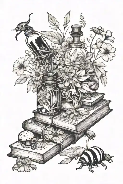 old book dark flowers apothecary bottles mushrooms beetle tattoo design idea