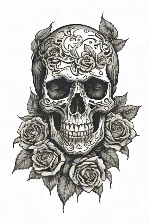 skull and roses intertwined tattoo design idea