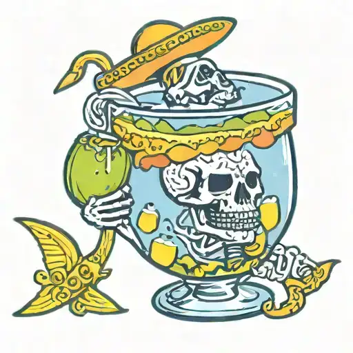 full margarita glass with blue rim with skeleton in a mariachi suit sleeping on top and a marlin wrapping around glass tattoo design idea