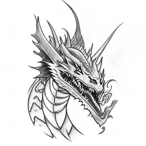 draw me a back tattoo with a dragon head on each shoulder. one in red and one in black and the tails twist together down tattoo design idea