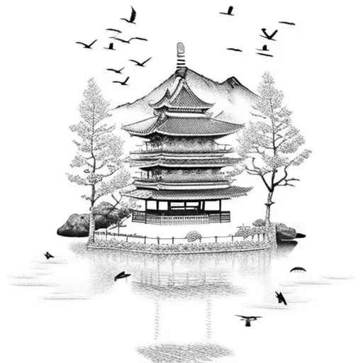 A dotwork tattoo depicting a serene Japanese garden with crows perched on cherry blossom trees tattoo design idea