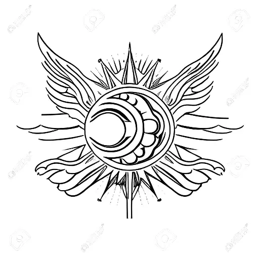wings of falcon, tail of monkey, face of sun, bow and arrow,  tattoo design idea