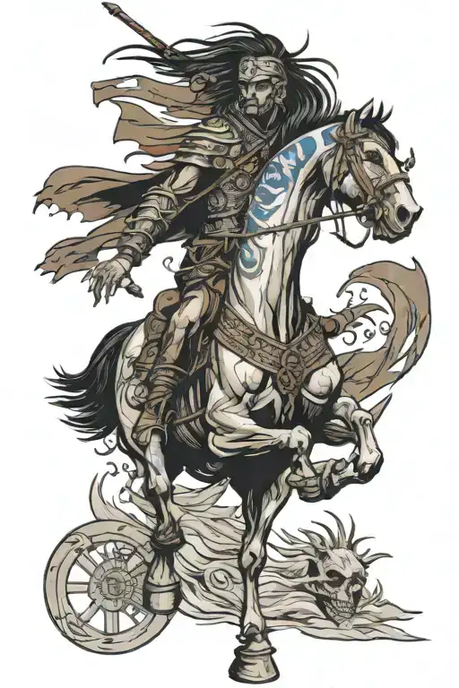 fantasy war horse running on skulls boarded by a native man from asia holding the flag of the Philippines  tattoo design idea