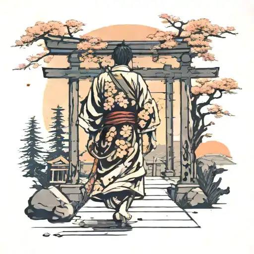 Back view of samurai walking to a torii , sakura flowers and chrysanthemum on the floor. At sunse tattoo design idea