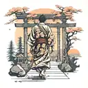 Back view of samurai walking to a torii , sakura flowers and chrysanthemum on the floor. At sunse tattoo design idea