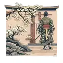 Back view of samurai walking to a torii , sakura flowers and chrysanthemum on the floor. At sunse tattoo design idea