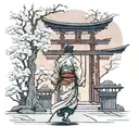 Back view of samurai walking to a torii , sakura flowers and chrysanthemum on the floor. At sunse tattoo design idea