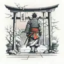 Back view of samurai walking to a torii , sakura flowers and chrysanthemum on the floor. At sunse tattoo design idea