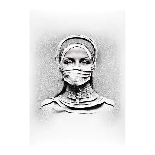 Female mummy with bandage in front of the face.  shown head to breast tattoo design idea