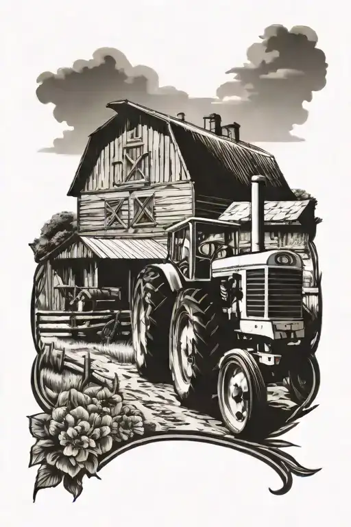  farm scene with barn and frence with a vintage tractor tattoo design idea
