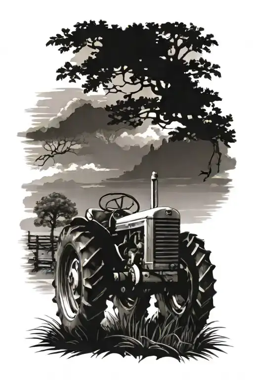  farm scene with vintage tractor   tattoo design idea