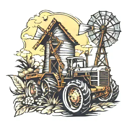 Windmill farm with vintage tractor tattoo design idea
