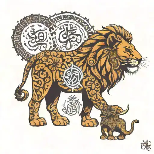 lion elephant and bachalakuri and om and quran verse tattoo design idea