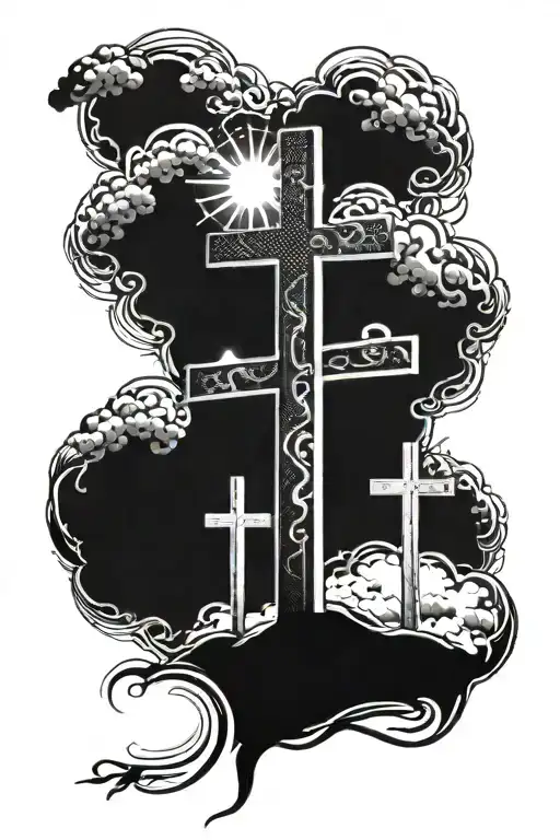 3 Crosses with clouds and sun rays in top right corner  tattoo design idea