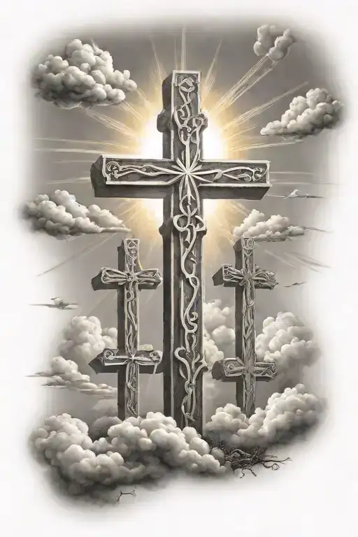 3 Crosses with clouds and sun rays in top right corner  tattoo design idea