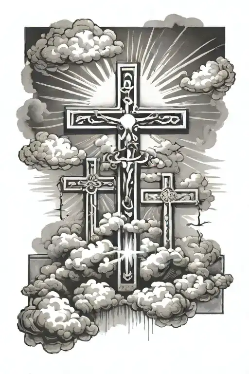 3 Crosses with clouds and sun rays tattoo design idea