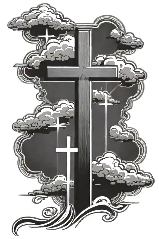 3 Crosses with clouds and sun rays in top right corner  tattoo design idea