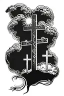 3 Crosses with clouds and sun rays in top right corner  tattoo design idea