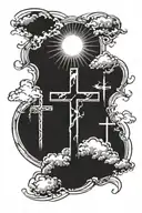 3 Crosses with clouds and sun rays in top right corner  tattoo design idea