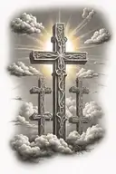 3 Crosses with clouds and sun rays in top right corner  tattoo design idea
