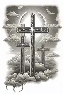 3 Crosses with clouds and sun rays in top right corner  tattoo design idea