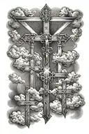 3 Crosses with clouds and sun rays tattoo design idea