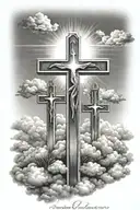 3 Crosses with clouds and sun rays tattoo design idea
