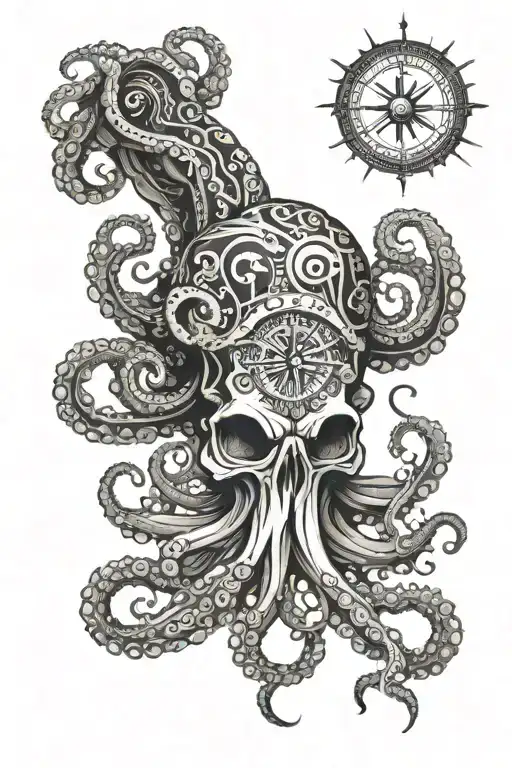 octopus wrapping its tentacles skull and compass  tattoo design idea