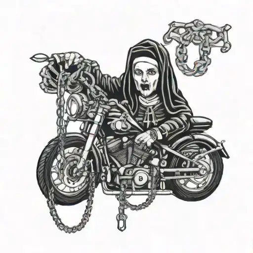 Sinister evil nun holding a motorcycle chain tattoo design idea
