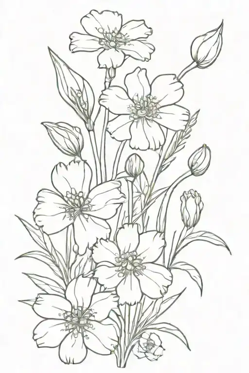 bouquet of marigolds, cosmos, violets, poppies, gladiolus and snowdrop flowers tattoo design idea