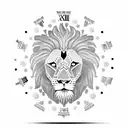 A shield adorned with a lion's head in the center, surrounded by clock hands pointing to significant times in your life tattoo design idea