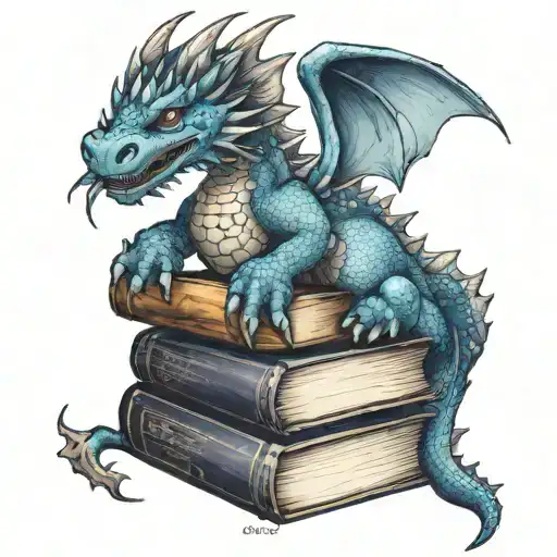 adorable blue dragon on a stack of books tattoo design idea