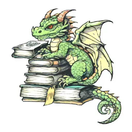 adorable dragon on a stack of books tattoo design idea