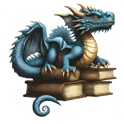 adorable blue dragon on a stack of books tattoo design idea