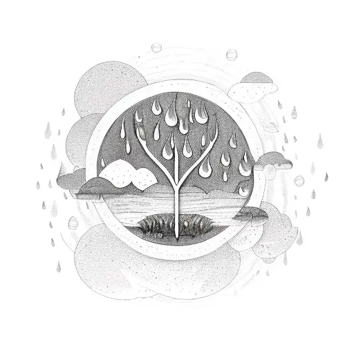 rain clouds and plant growing surrounded by circle of "there's water in the flowers, let's grow" tattoo design idea
