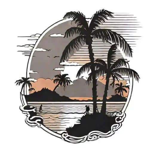 Palm tree on island and sunset and girls in bikini  tattoo design idea