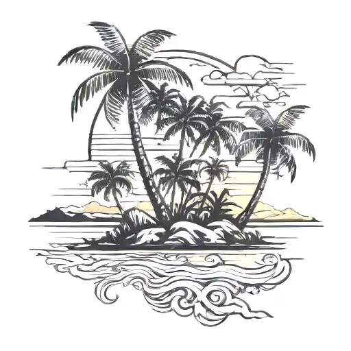 Palm tree on island and sumset  tattoo design idea