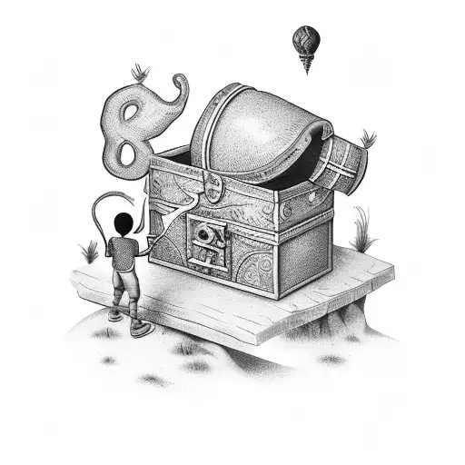 A whimsical scene of the nephews and Othmane/Souleymane exploring a hidden treasure chest tattoo design idea