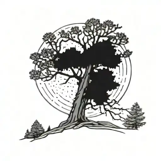 A towering pine tree with a hidden image of a power lineman climbing the trunk tattoo design idea