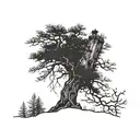 A towering pine tree with a hidden image of a power lineman climbing the trunk tattoo design idea