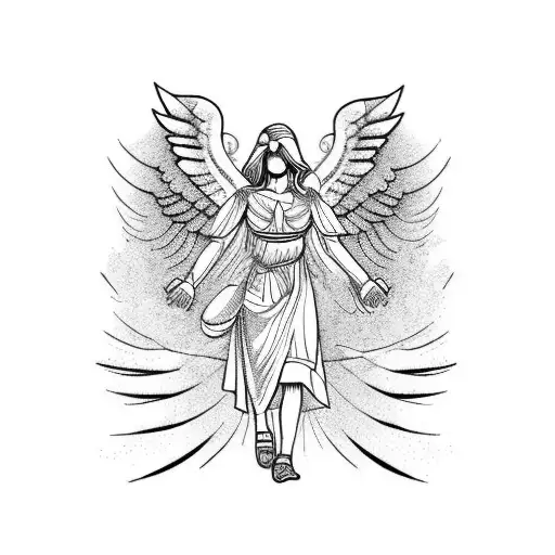 fallen angel with greek buildings behind tattoo design idea