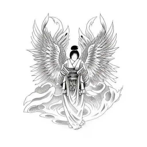 fallen angel with greek buildings behind tattoo design idea