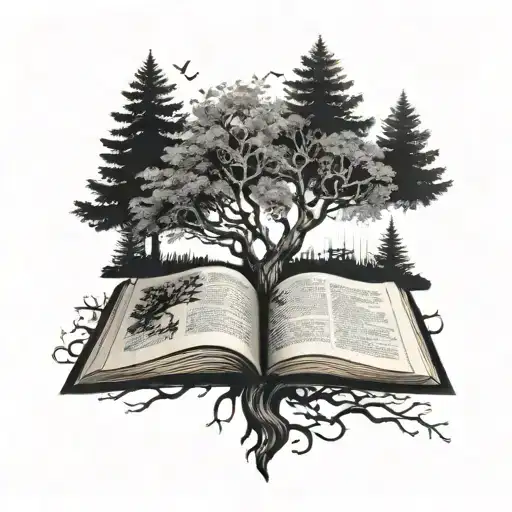 A majestic tree with book pages as leaves, surrounded by forest creatures in a mystical woodland setting tattoo design idea