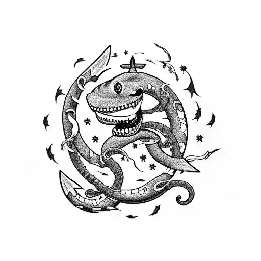 right arm sleeve nautical light house shark ship kraken lightning clouds scenic tattoo design idea