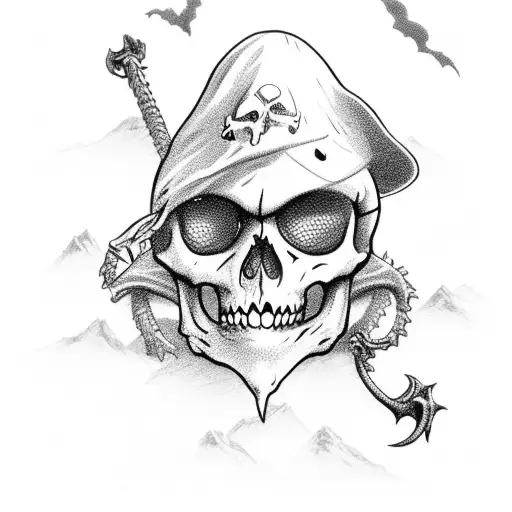 Skeleton pirate on a cliff fishing a brautiful mairmaid in a stormy sea tattoo design idea