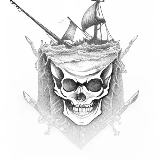 Dead skeleton pirate on a cliff fishing a brautiful mairmaid in a stormy sea tattoo design idea