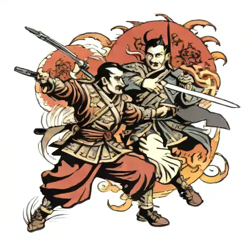 The battle of Tesla's warrior in the battle of the Japanese warrior with Hitler's face tattoo design idea